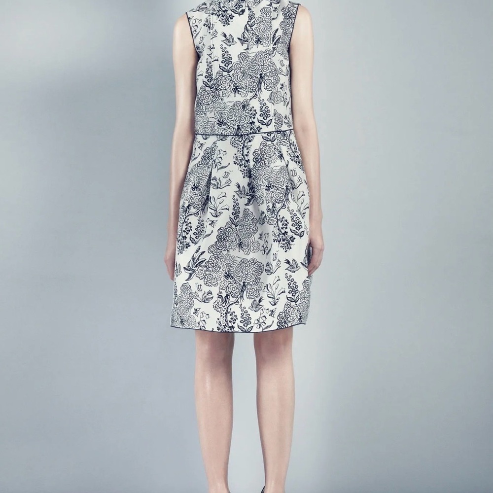 Jil Sander Navy made in Italy Silk Black and White Floral Midi Dress NWT